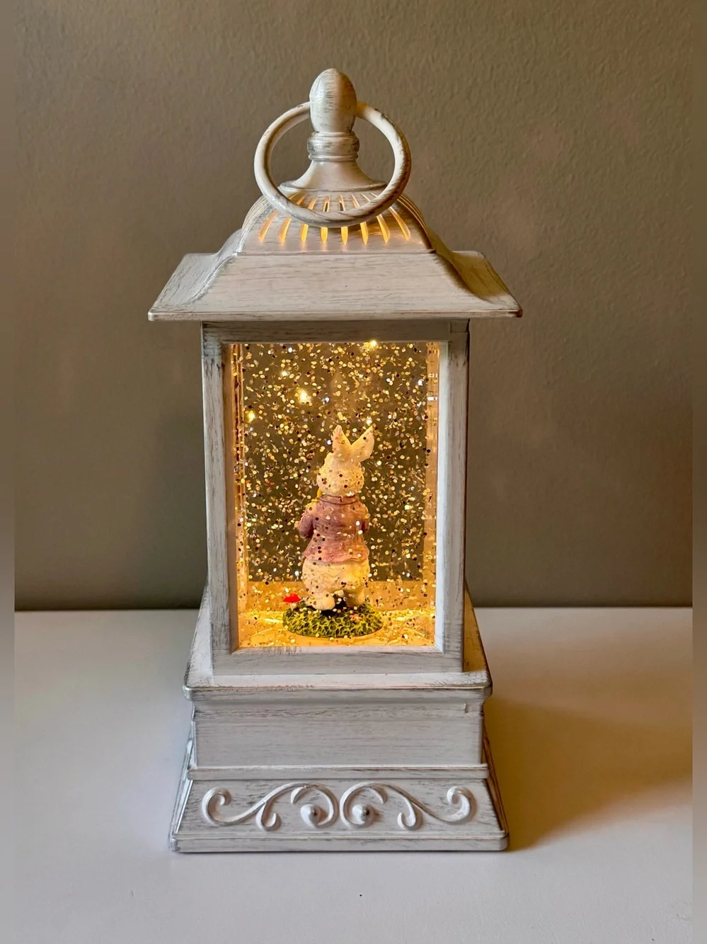Easter Farmhouse White Distressed Lantern Water Globe with Bunny Figurine